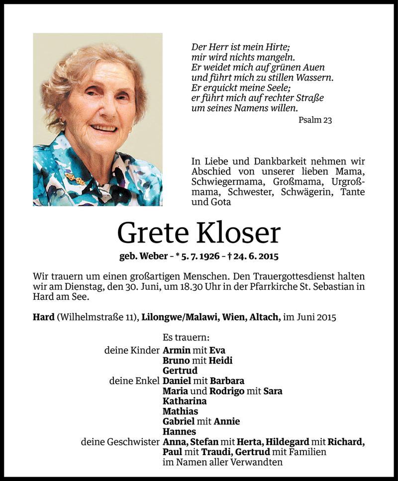  Todesanzeige für Grete Kloser vom 26.06.2015 aus Vorarlberger Nachrichten