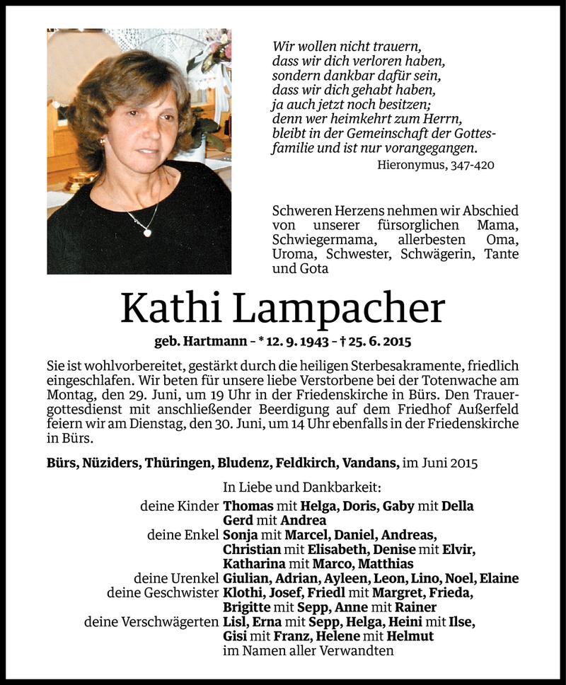  Todesanzeige für Kathi Lampacher vom 26.06.2015 aus Vorarlberger Nachrichten