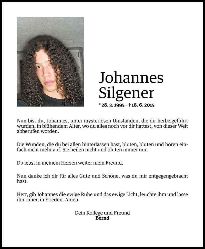  Todesanzeige für Johannes Silgener vom 26.06.2015 aus Vorarlberger Nachrichten