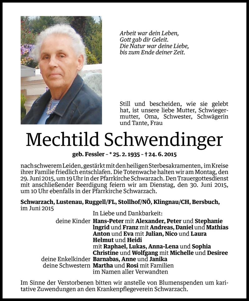  Todesanzeige für Mechtild Schwendinger vom 26.06.2015 aus Vorarlberger Nachrichten