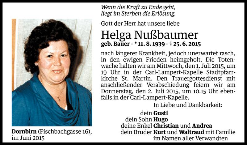  Todesanzeige für Helga Nußbaumer vom 28.06.2015 aus Vorarlberger Nachrichten