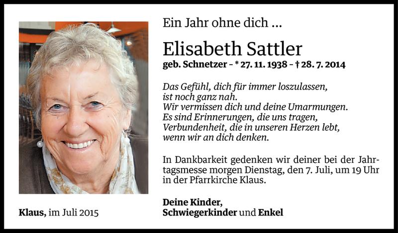  Todesanzeige für Elisabeth Sattler vom 05.07.2015 aus Vorarlberger Nachrichten