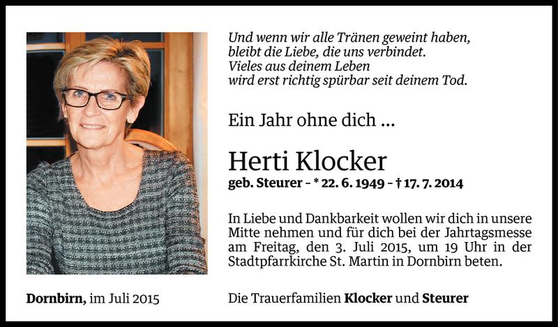  Todesanzeige für Herti Klocker vom 30.06.2015 aus Vorarlberger Nachrichten