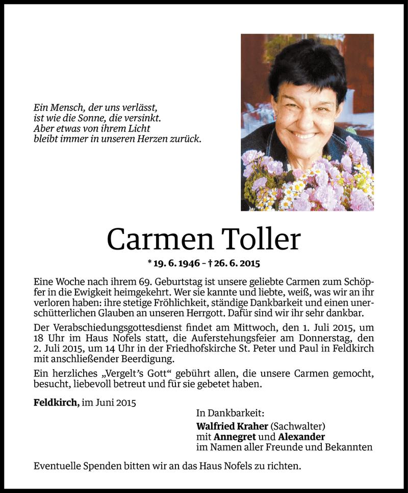  Todesanzeige für Carmen Toller vom 29.06.2015 aus Vorarlberger Nachrichten