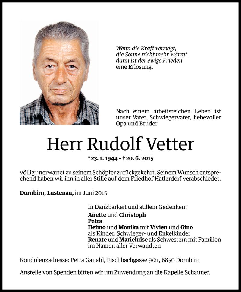  Todesanzeige für Rudolf Vetter vom 29.06.2015 aus Vorarlberger Nachrichten