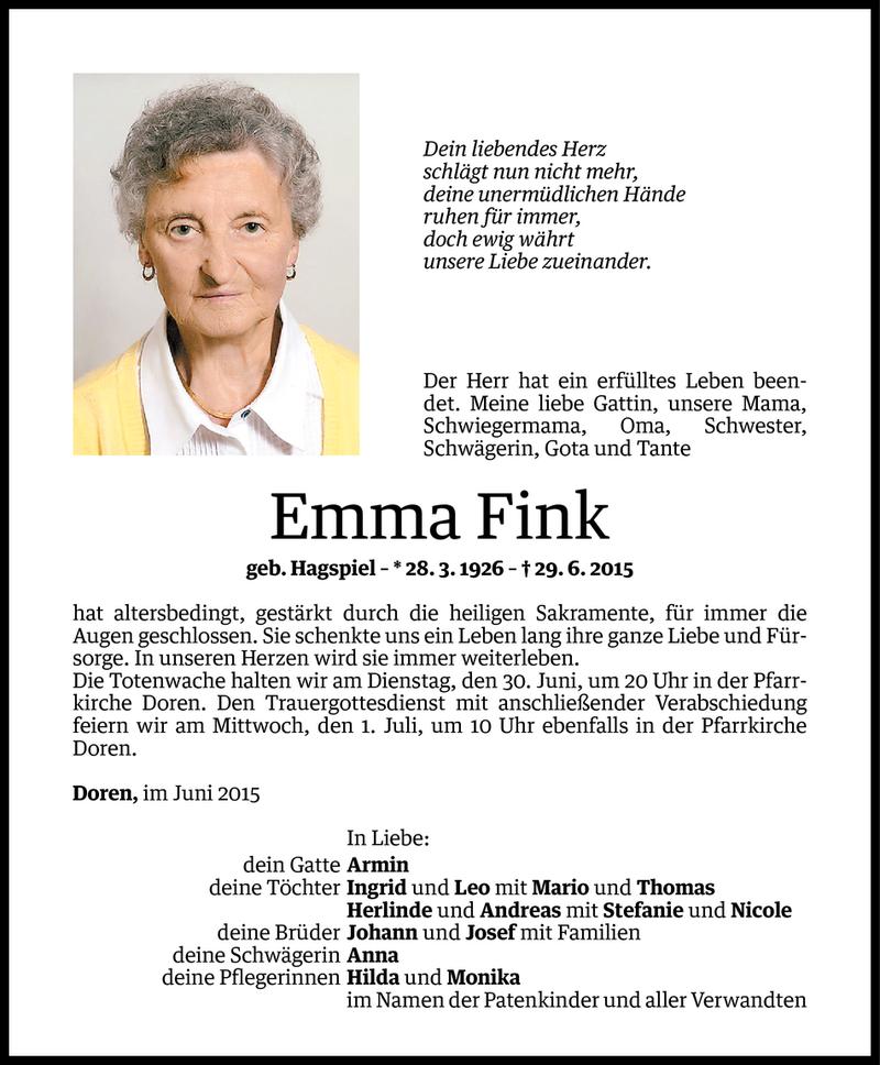  Todesanzeige für Emma Fink vom 29.06.2015 aus Vorarlberger Nachrichten