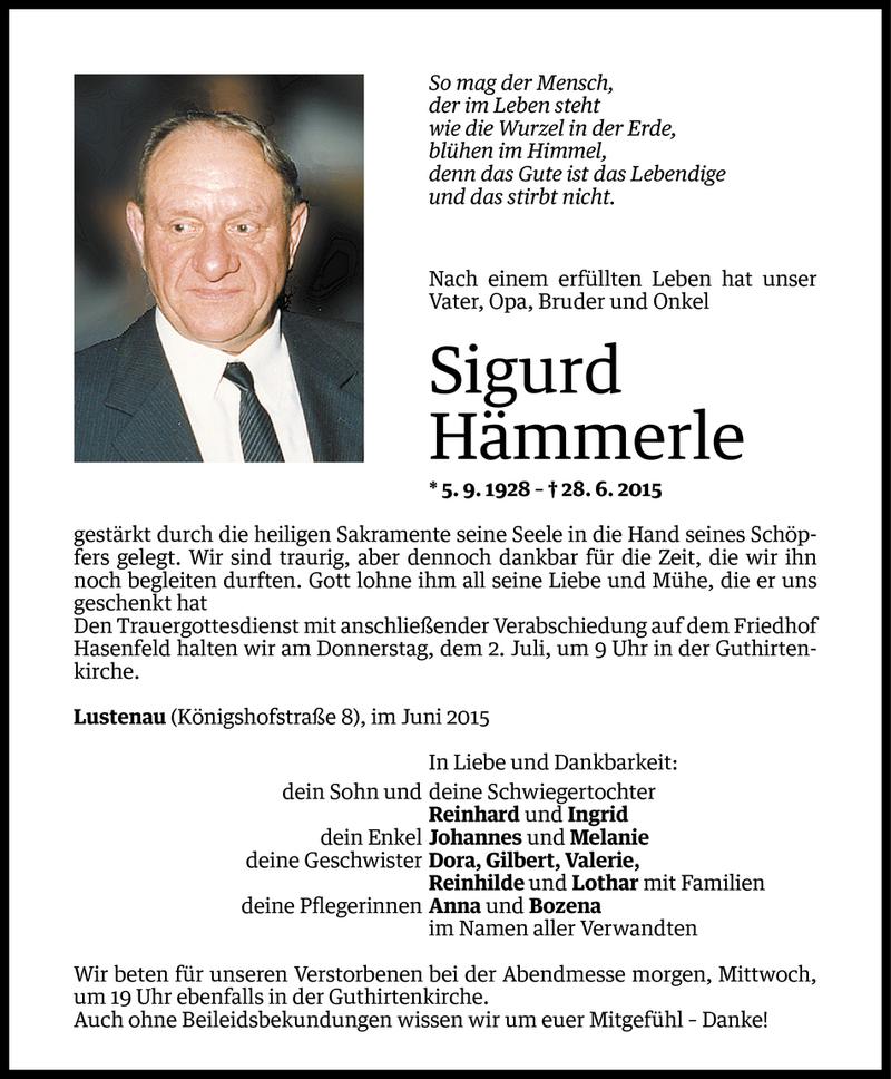  Todesanzeige für Sigurd Hämmerle vom 29.06.2015 aus Vorarlberger Nachrichten