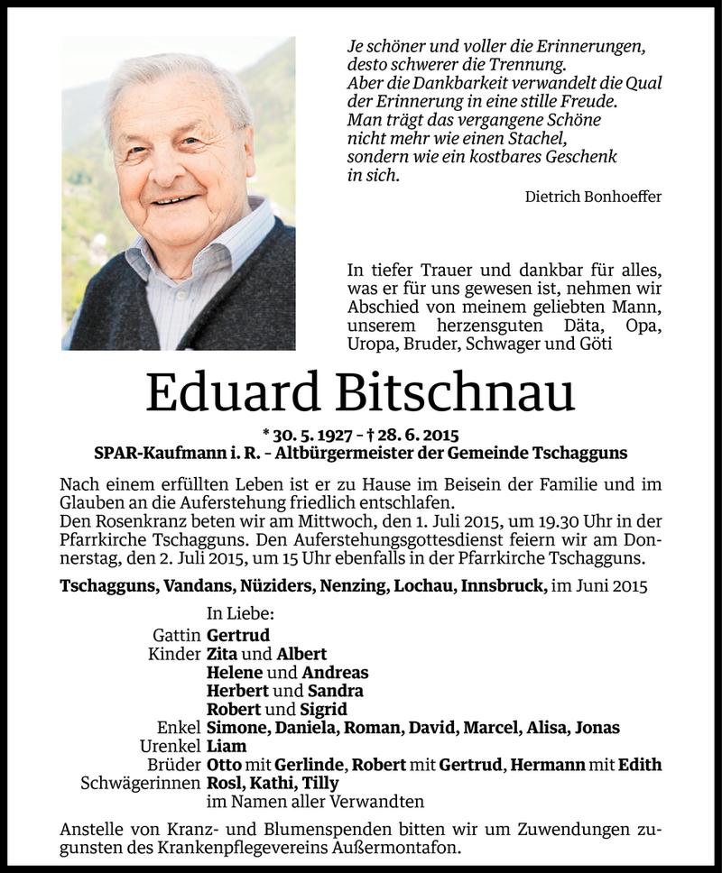  Todesanzeige für Eduard Bitschnau vom 29.06.2015 aus Vorarlberger Nachrichten