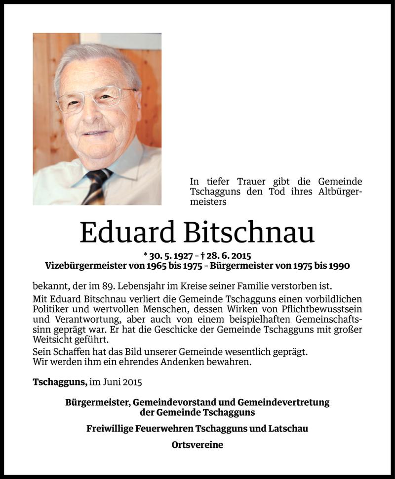  Todesanzeige für Eduard Bitschnau vom 29.06.2015 aus Vorarlberger Nachrichten