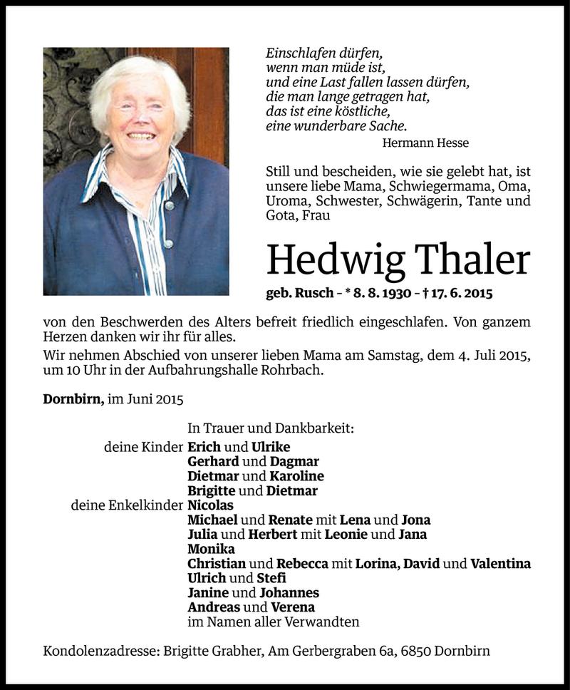  Todesanzeige für Hedwig Thaler vom 30.06.2015 aus Vorarlberger Nachrichten