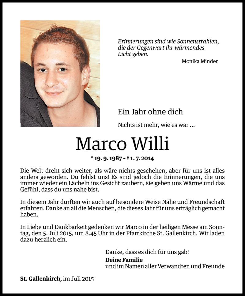  Todesanzeige für Marco Willi vom 01.07.2015 aus Vorarlberger Nachrichten
