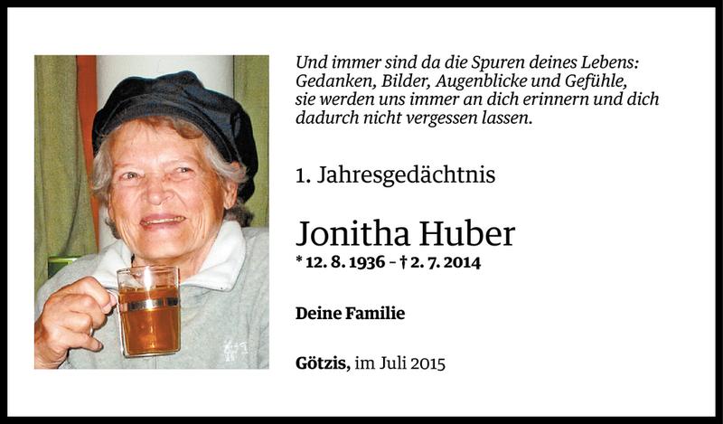  Todesanzeige für Jonitha Huber vom 02.07.2015 aus Vorarlberger Nachrichten