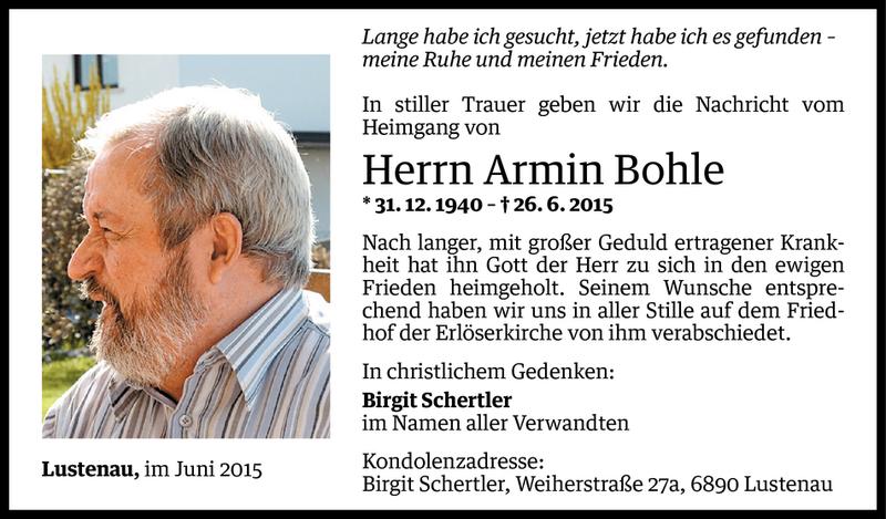  Todesanzeige für Armin Bohle vom 02.07.2015 aus Vorarlberger Nachrichten