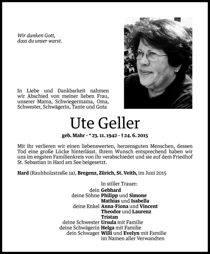  Todesanzeige für Ute Geller vom 30.06.2015 aus Vorarlberger Nachrichten