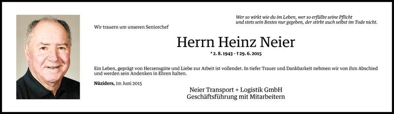  Todesanzeige für Heinz Neier vom 30.06.2015 aus Vorarlberger Nachrichten