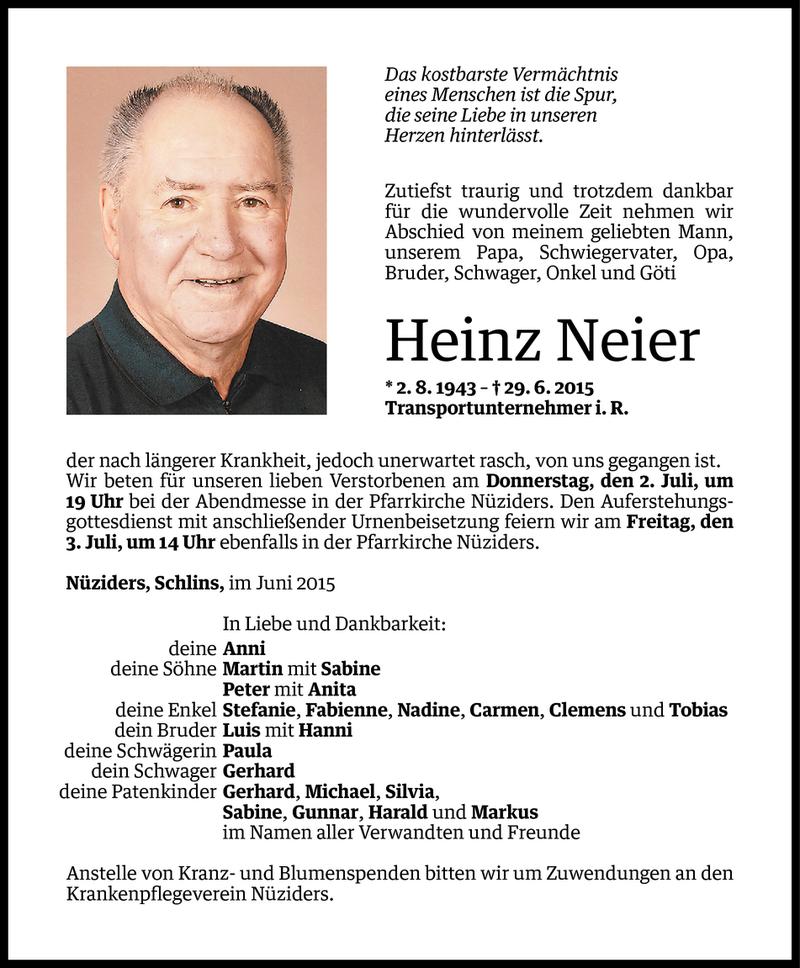  Todesanzeige für Heinz Neier vom 30.06.2015 aus Vorarlberger Nachrichten