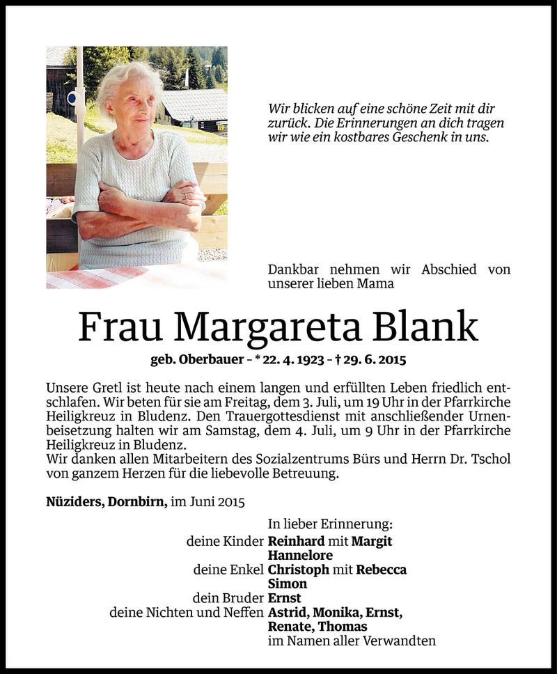  Todesanzeige für Margareta Blank vom 30.06.2015 aus Vorarlberger Nachrichten