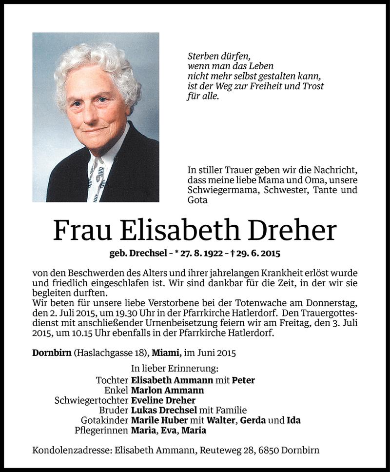  Todesanzeige für Elisabeth Dreher vom 30.06.2015 aus Vorarlberger Nachrichten