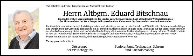  Todesanzeige für Eduard Bitschnau vom 30.06.2015 aus Vorarlberger Nachrichten