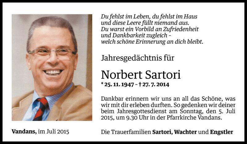  Todesanzeige für Norbert Sartori vom 01.07.2015 aus Vorarlberger Nachrichten