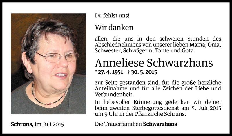  Todesanzeige für Anneliese Schwarzhans vom 02.07.2015 aus Vorarlberger Nachrichten