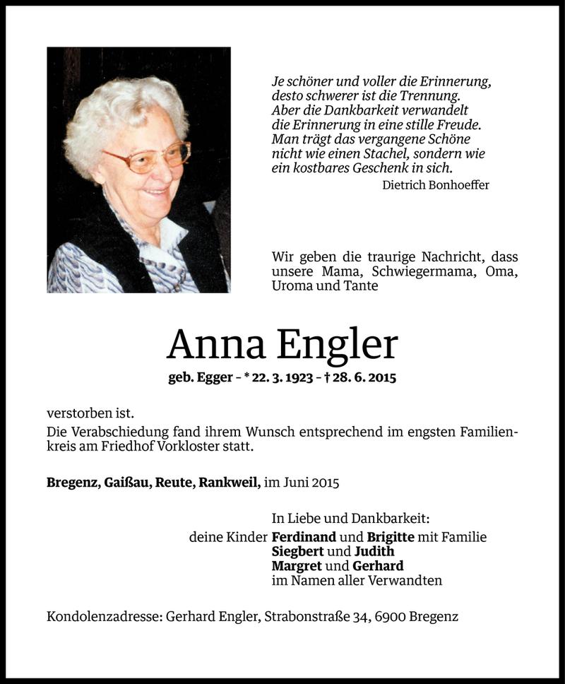  Todesanzeige für Anna Engler vom 03.07.2015 aus Vorarlberger Nachrichten