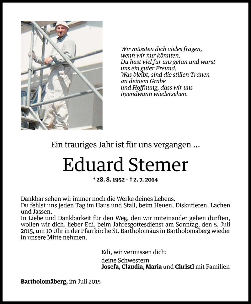  Todesanzeige für Eduard Stemer vom 03.07.2015 aus Vorarlberger Nachrichten