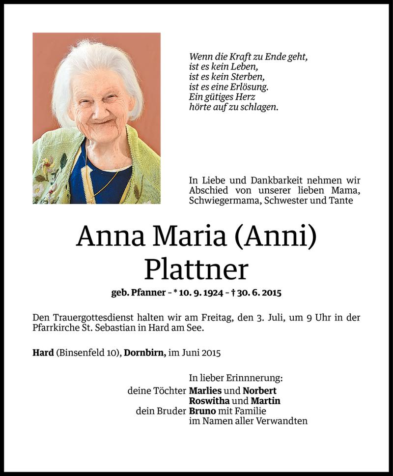  Todesanzeige für Anna Maria Plattner vom 01.07.2015 aus Vorarlberger Nachrichten