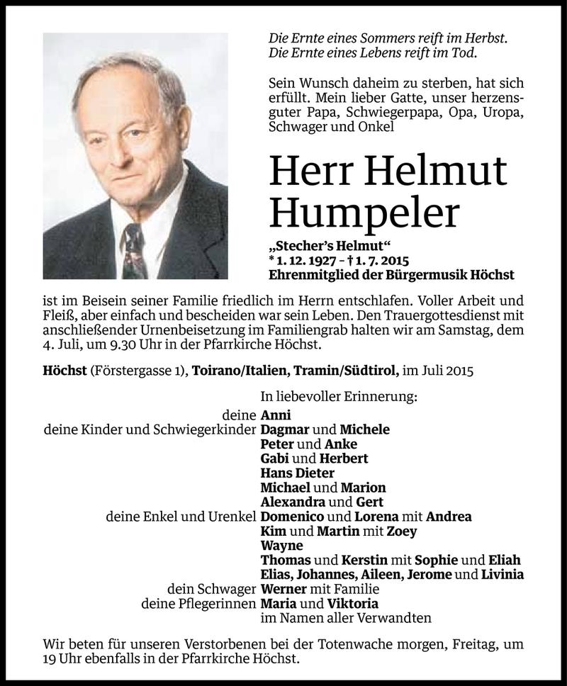  Todesanzeige für Helmut Humpeler vom 01.07.2015 aus Vorarlberger Nachrichten