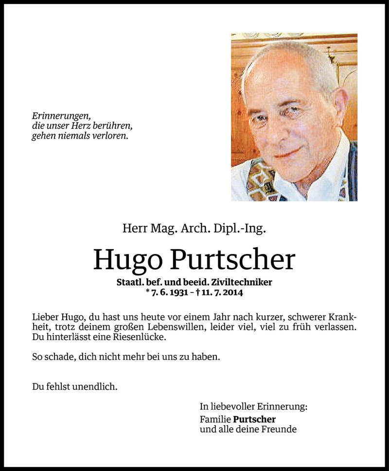  Todesanzeige für Hugo Purtscher vom 10.07.2015 aus Vorarlberger Nachrichten