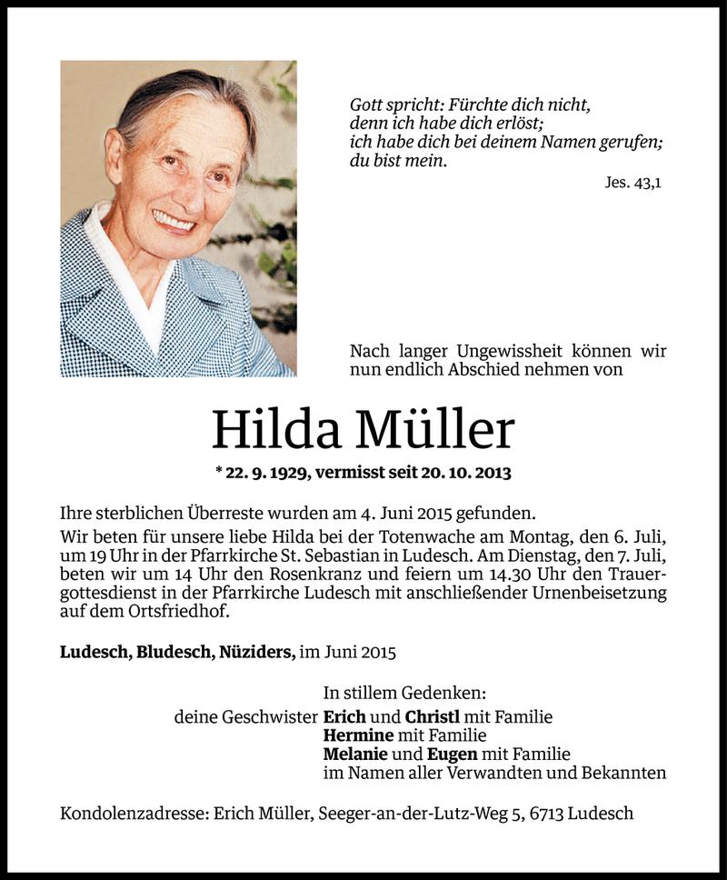  Todesanzeige für Hilda Müller vom 03.07.2015 aus Vorarlberger Nachrichten