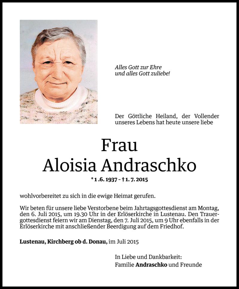  Todesanzeige für Aloisia Andraschko vom 02.07.2015 aus Vorarlberger Nachrichten