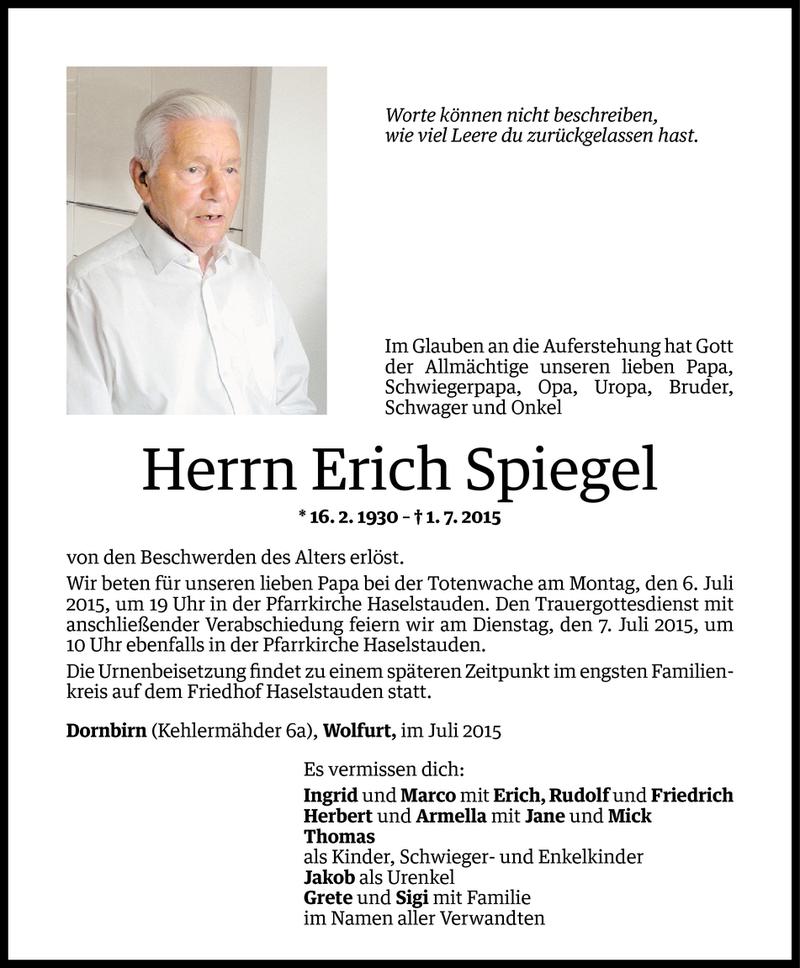  Todesanzeige für Erich Spiegel vom 03.07.2015 aus Vorarlberger Nachrichten