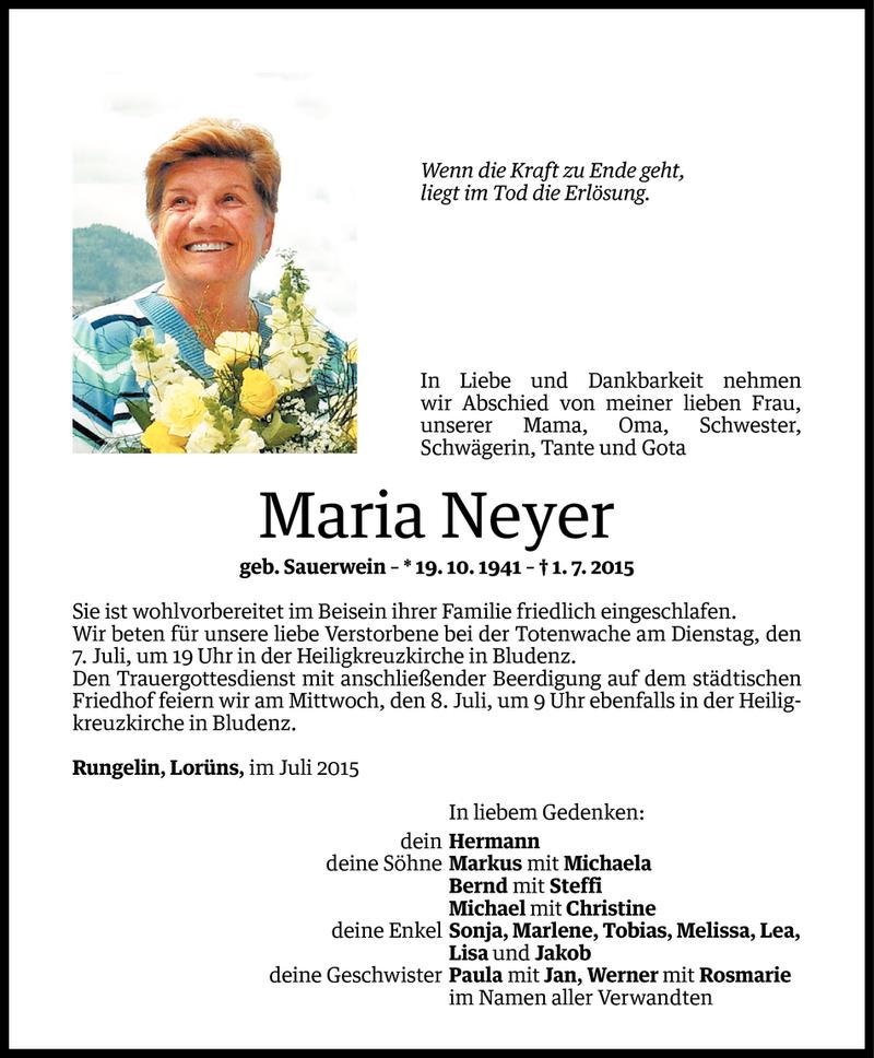  Todesanzeige für Maria Neyer vom 04.07.2015 aus Vorarlberger Nachrichten