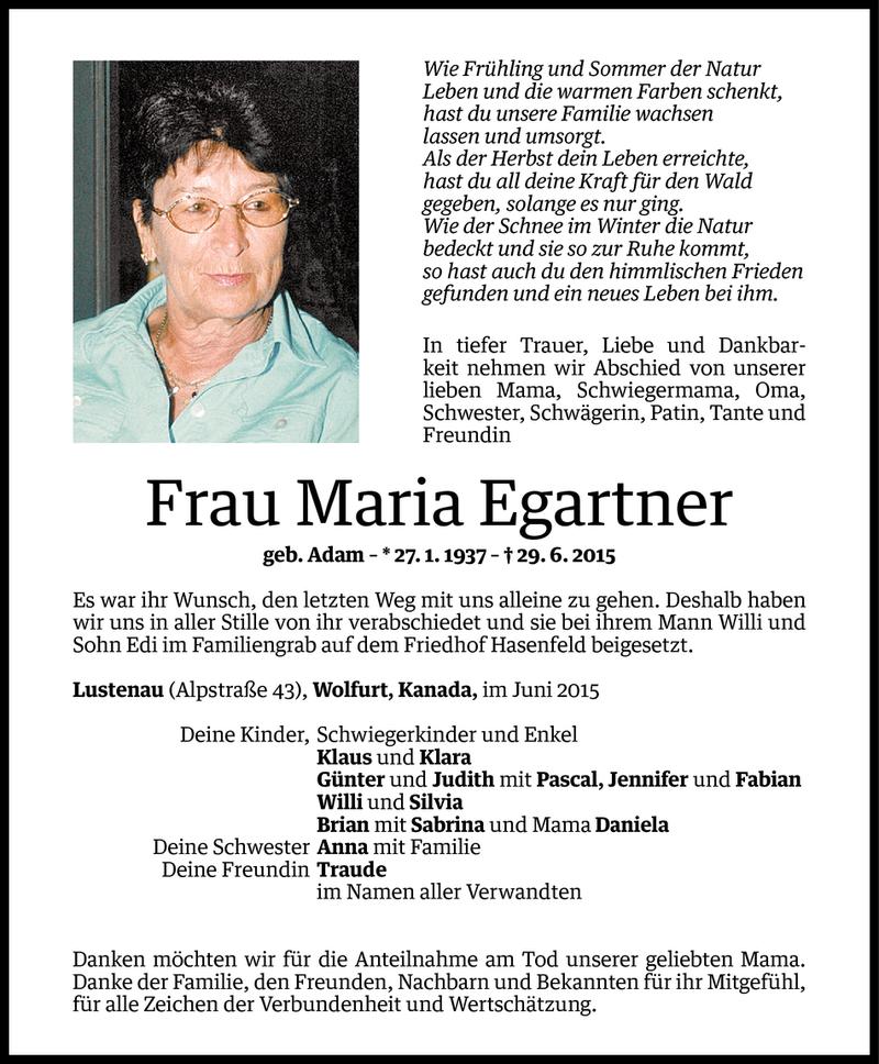  Todesanzeige für Maria Egartner vom 04.07.2015 aus Vorarlberger Nachrichten