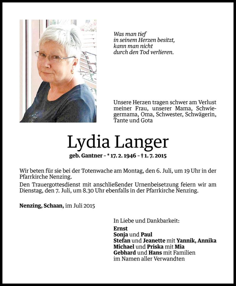  Todesanzeige für Lydia Langer vom 04.07.2015 aus Vorarlberger Nachrichten