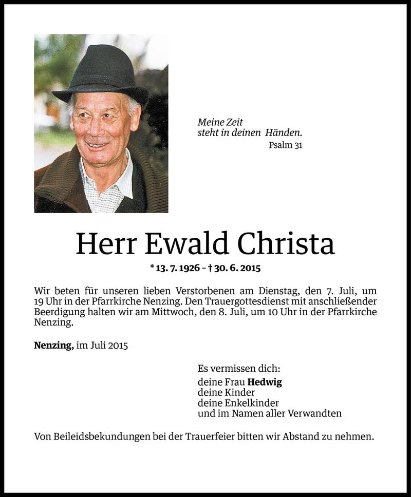  Todesanzeige für Ewald Christa vom 03.07.2015 aus Vorarlberger Nachrichten