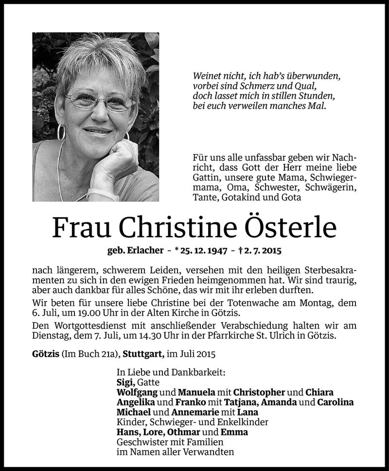  Todesanzeige für Christine Österle vom 04.07.2015 aus Vorarlberger Nachrichten