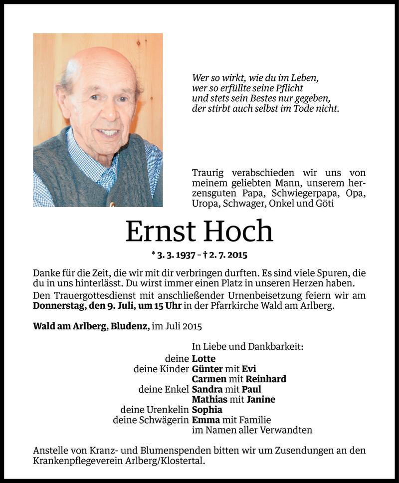  Todesanzeige für Ernst Hoch vom 06.07.2015 aus Vorarlberger Nachrichten