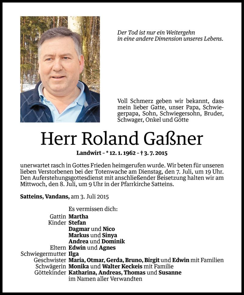  Todesanzeige für Roland Gaßner vom 05.07.2015 aus Vorarlberger Nachrichten