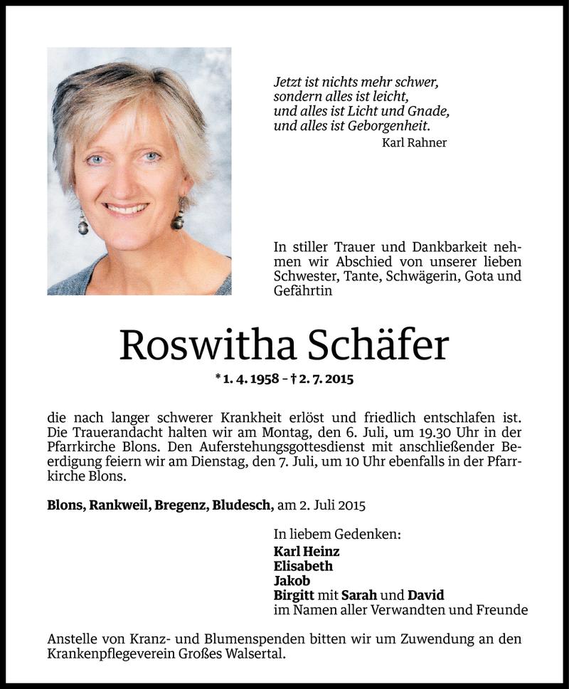  Todesanzeige für Roswitha Schäfer vom 05.07.2015 aus Vorarlberger Nachrichten