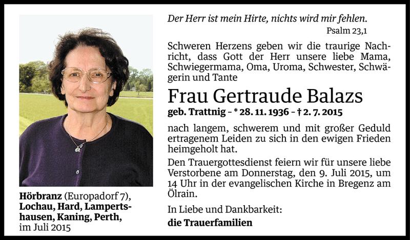  Todesanzeige für Gertraude Balazs vom 06.07.2015 aus Vorarlberger Nachrichten