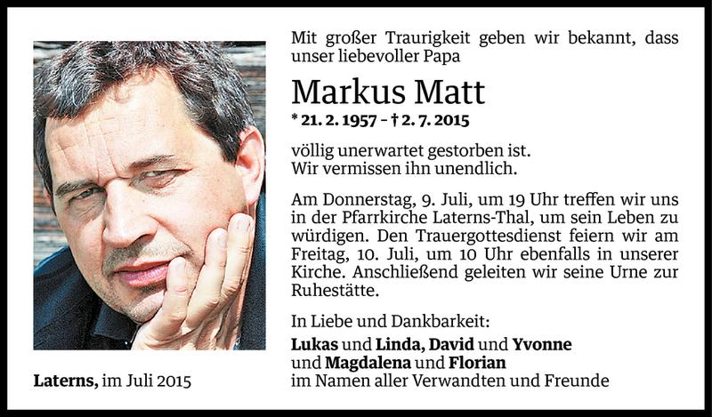  Todesanzeige für Markus Matt vom 06.07.2015 aus Vorarlberger Nachrichten