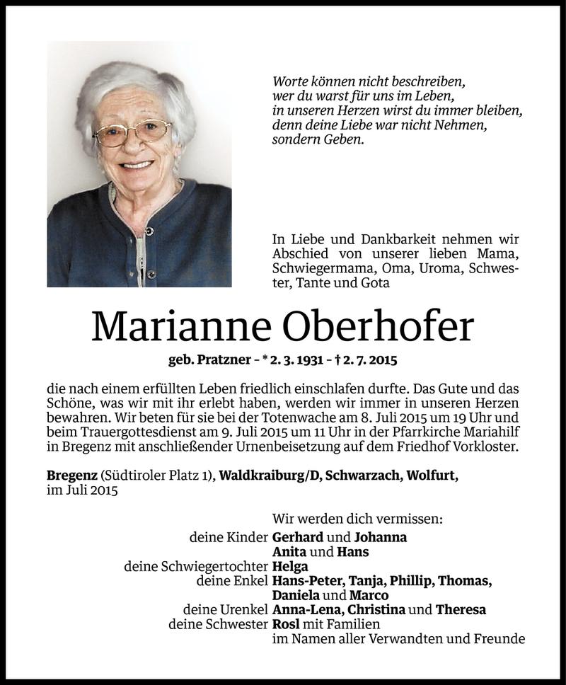  Todesanzeige für Marianne Oberhofer vom 06.07.2015 aus Vorarlberger Nachrichten
