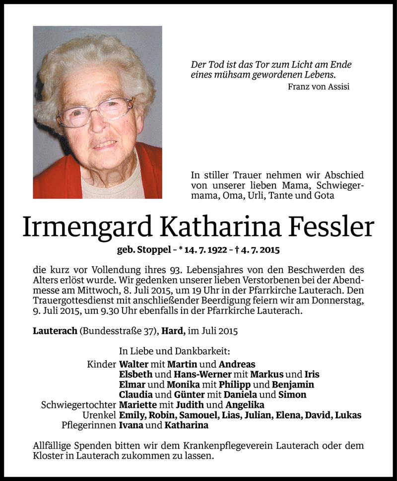  Todesanzeige für Irmengard Katharina Fessler vom 06.07.2015 aus Vorarlberger Nachrichten