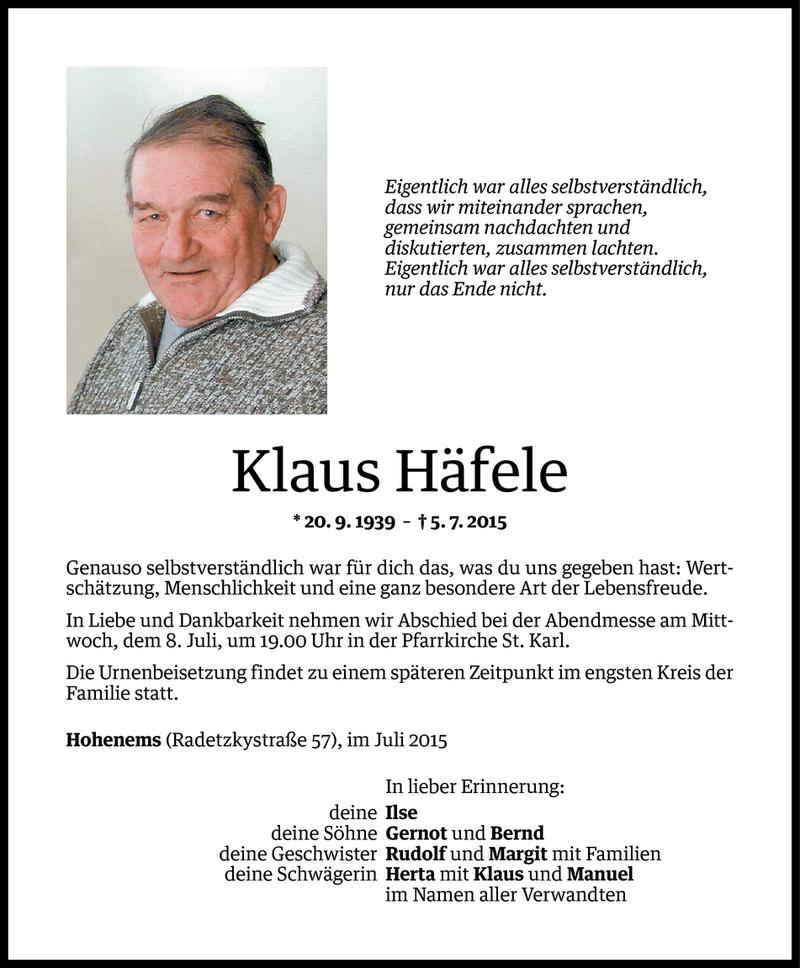  Todesanzeige für Klaus Häfele vom 07.07.2015 aus Vorarlberger Nachrichten