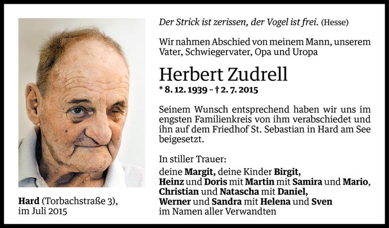  Todesanzeige für Herbert Zudrell vom 08.07.2015 aus Vorarlberger Nachrichten