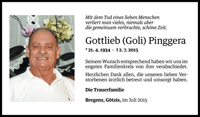  Todesanzeige für Gottlieb Pinggera vom 08.07.2015 aus Vorarlberger Nachrichten
