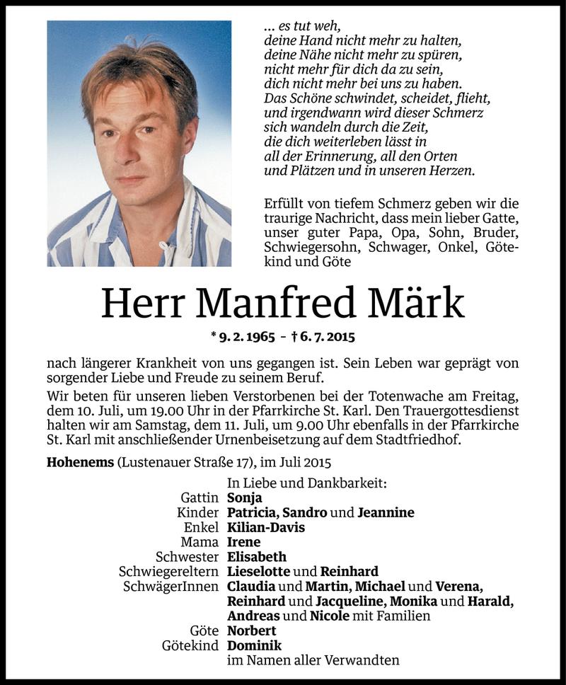  Todesanzeige für Manfred Märk vom 08.07.2015 aus Vorarlberger Nachrichten