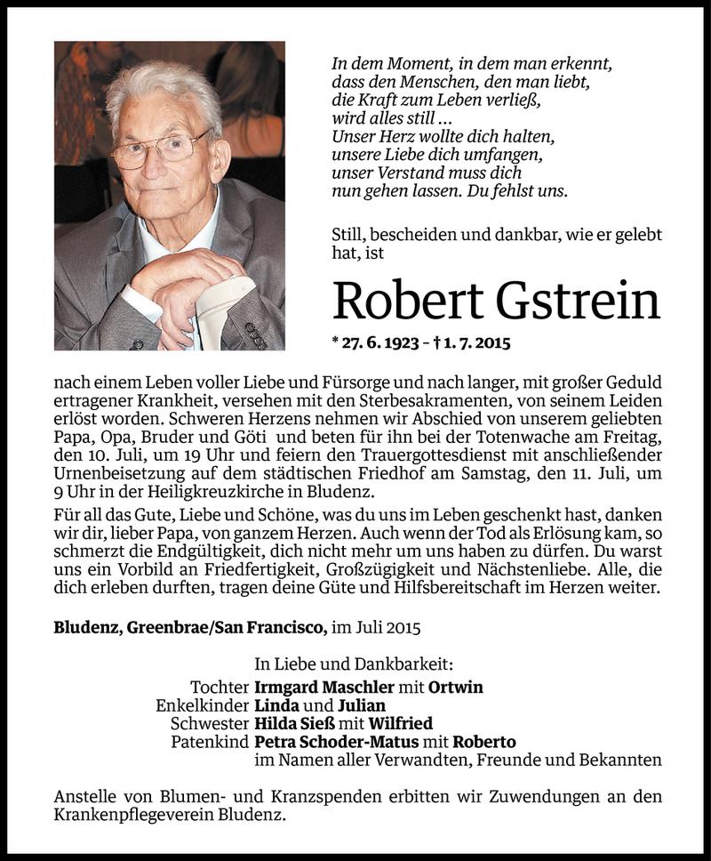  Todesanzeige für Robert Gstrein vom 08.07.2015 aus Vorarlberger Nachrichten